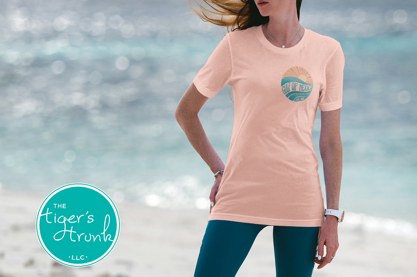 Coastal sunset and wave t-shirt with Gulf of Mexico, Est. 1550—a historical protest statement against renaming the Gulf