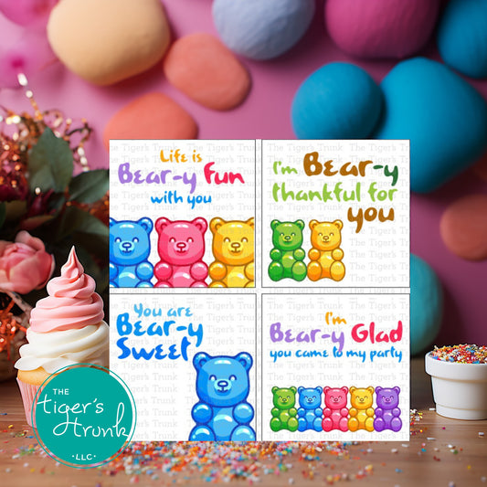Bear-themed thank you tags with fun messages like "I'm Bear-y Glad We're Friends" and "You Are Bear-y Sweet," perfect for party favors.