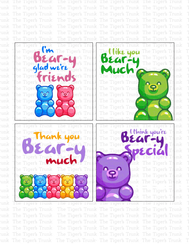 Bear-themed thank you tags with fun messages like "I'm Bear-y Glad We're Friends" and "You Are Bear-y Sweet," perfect for party favors.