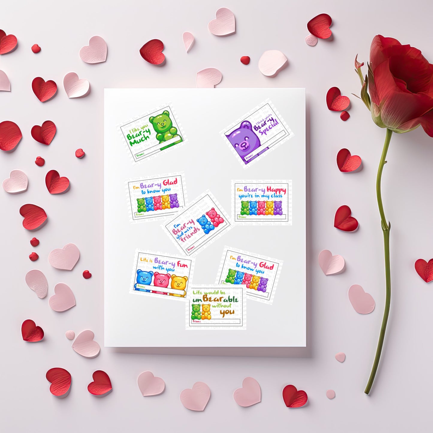 Printable Valentine's card featuring a colorful gummy bear design, ideal for pairing with gummy bear treats.