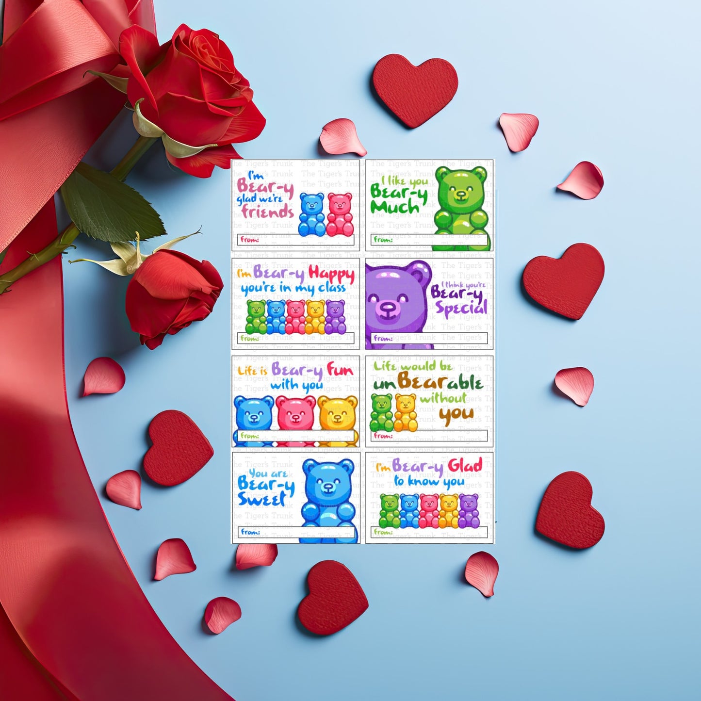 Printable Valentine's card featuring a colorful gummy bear design, ideal for pairing with gummy bear treats.