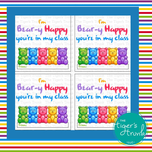 Printable back-to-school cards with a bear theme featuring "I'm Beary Happy You're in My Class," perfect for welcoming students