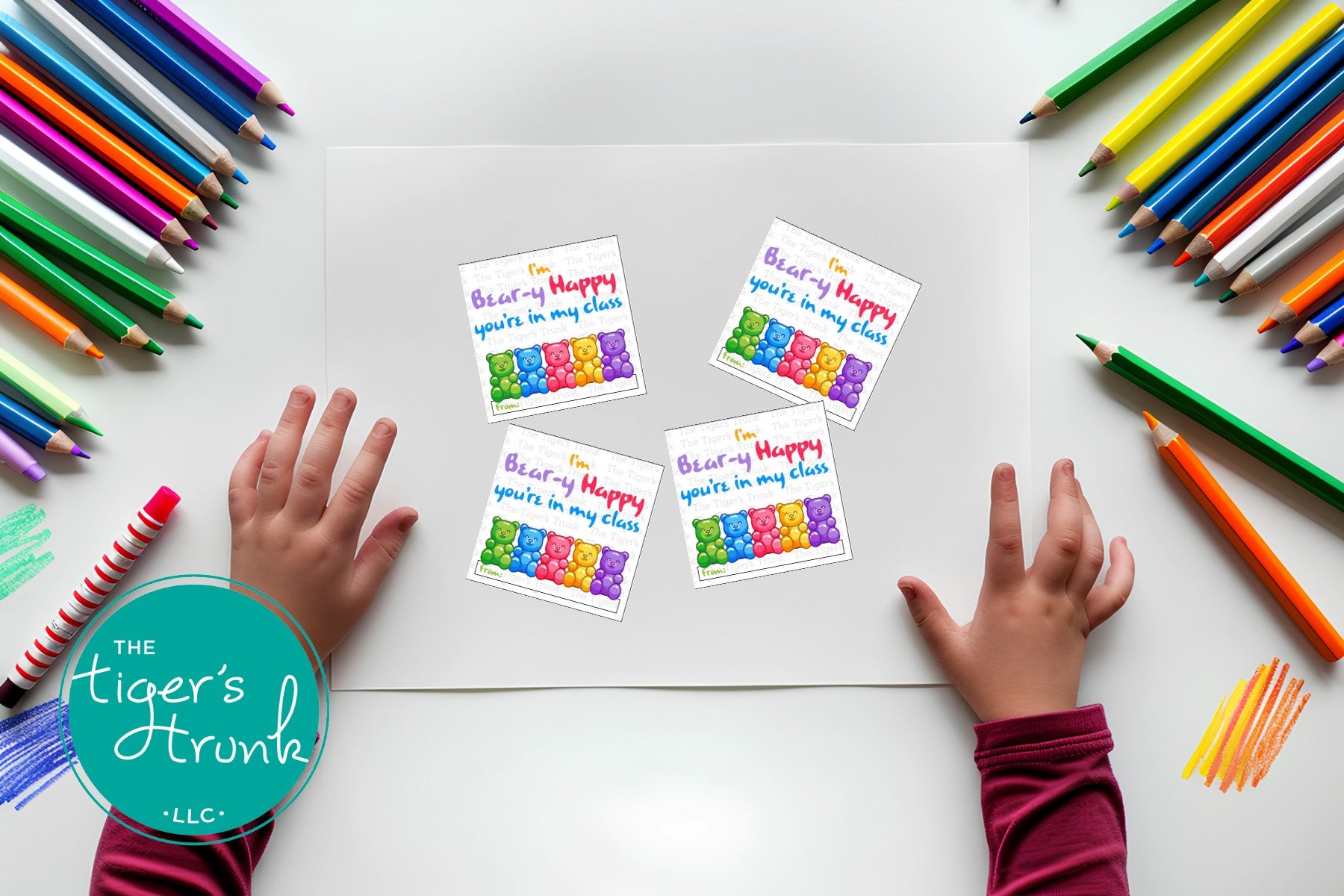 Printable back-to-school cards with a bear theme featuring "I'm Beary Happy You're in My Class," perfect for welcoming students