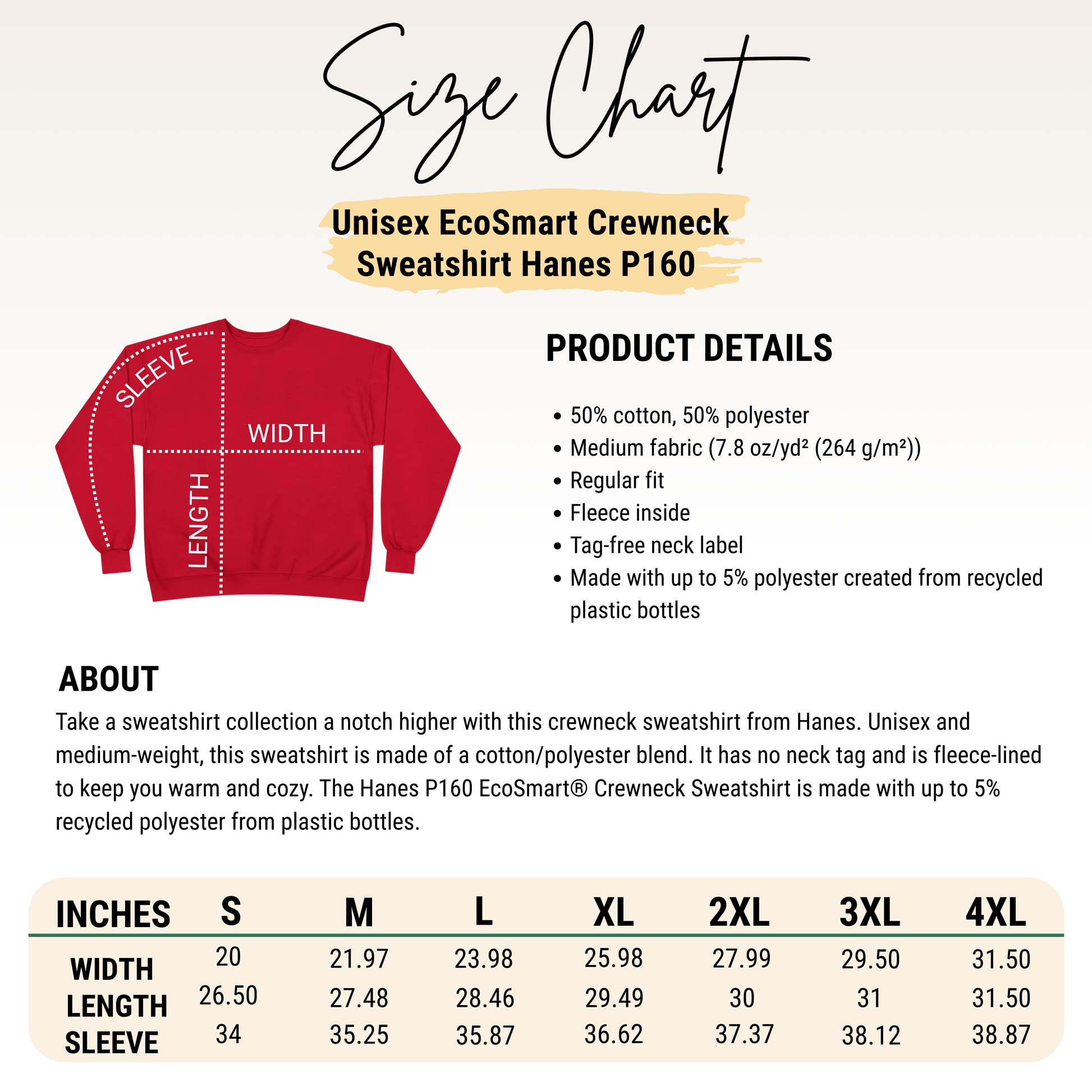 Size chart for Hanes EcoSmart Crewneck Sweatshirt with product details and a red sweatshirt illustration.