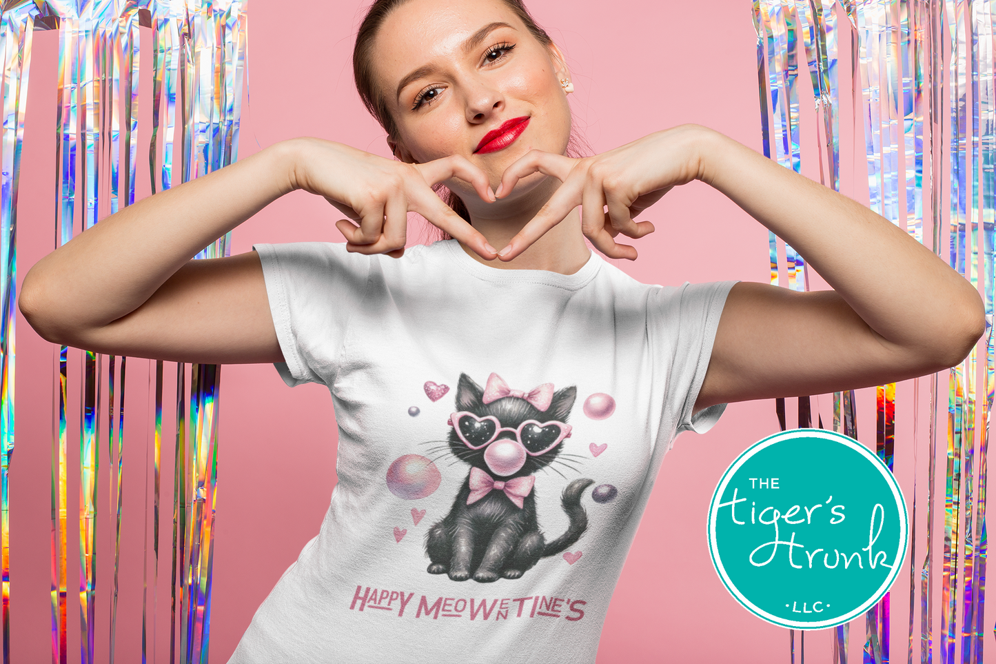 Valentine’s shirt with a cat blowing a bubble and the phrase "Happy Meowentine’s," perfect for kids and adults.