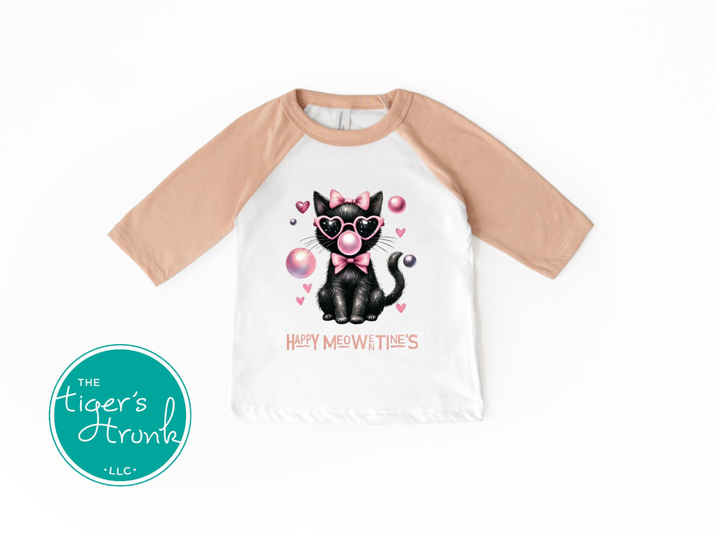 Valentine’s shirt with a cat blowing a bubble and the phrase "Happy Meowentine’s," perfect for kids and adults.