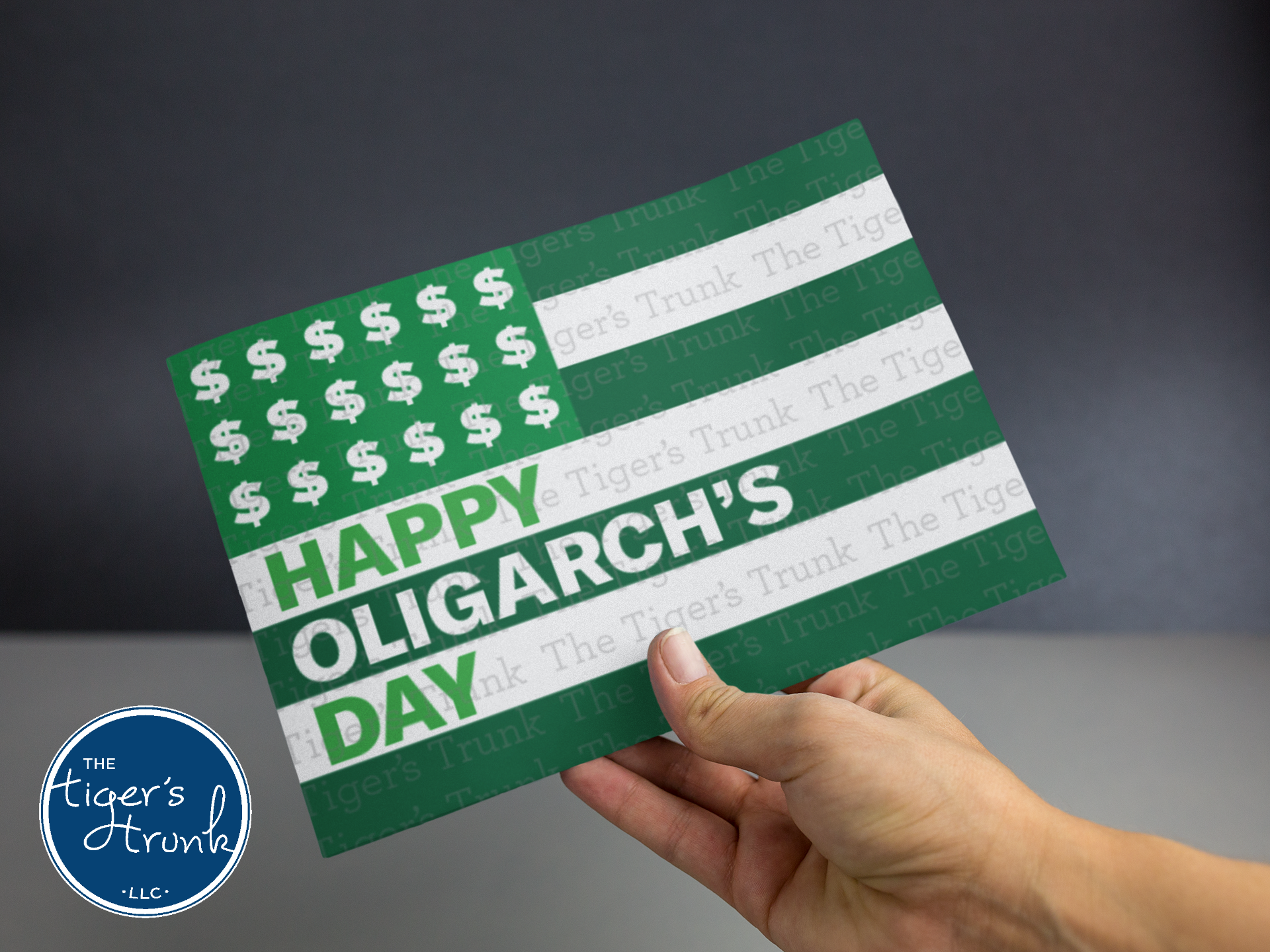 Printable Presidents Day card with Happy Oligarch’s Day message, political satire, democracy warning, instant download activism card