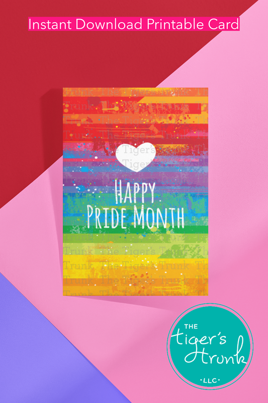 Printable Pride card with the message "Happy Pride Month" in vibrant rainbow colors, perfect for LGBTQ+ support and celebration