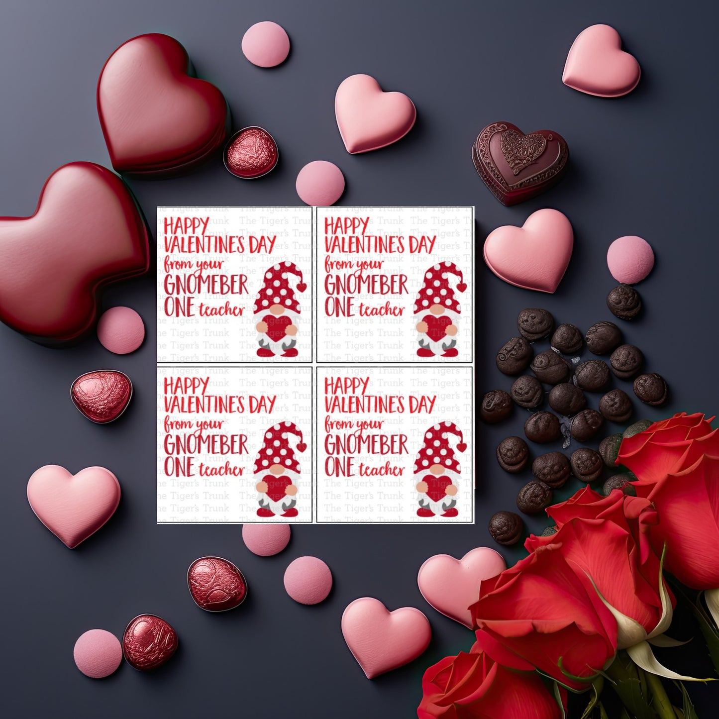 Digital download Valentine cards featuring colorful gnome designs, perfect for teachers to gift to students.