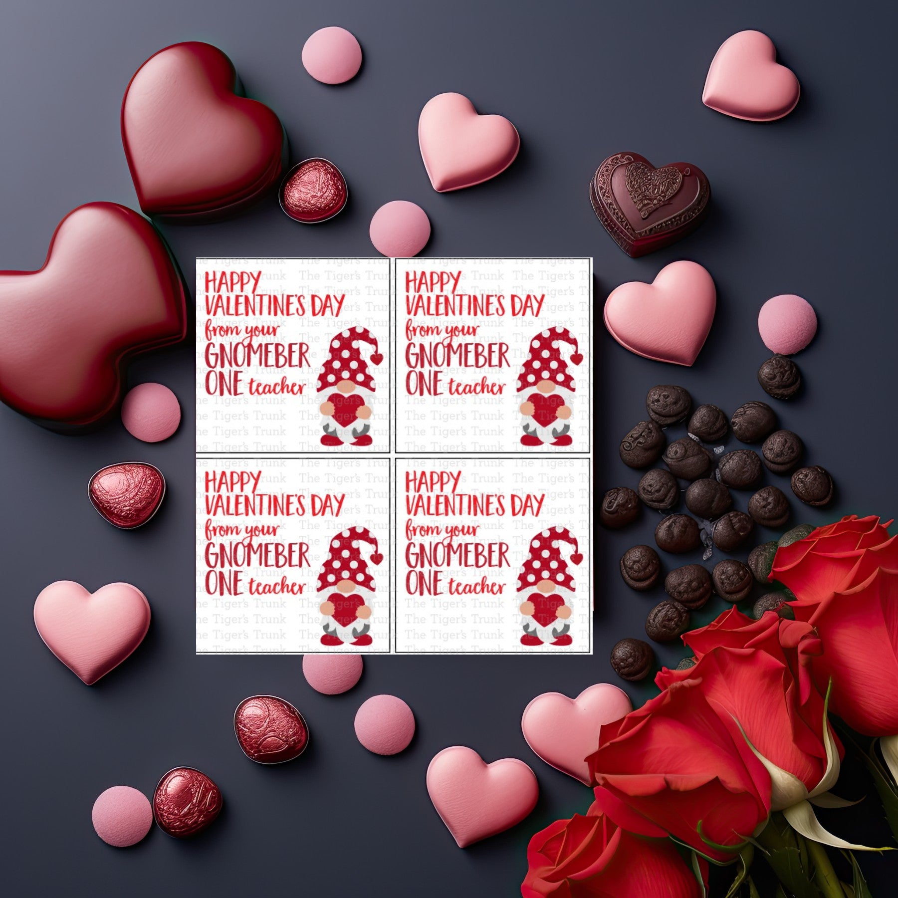 Digital download Valentine cards featuring colorful gnome designs, perfect for teachers to gift to students.