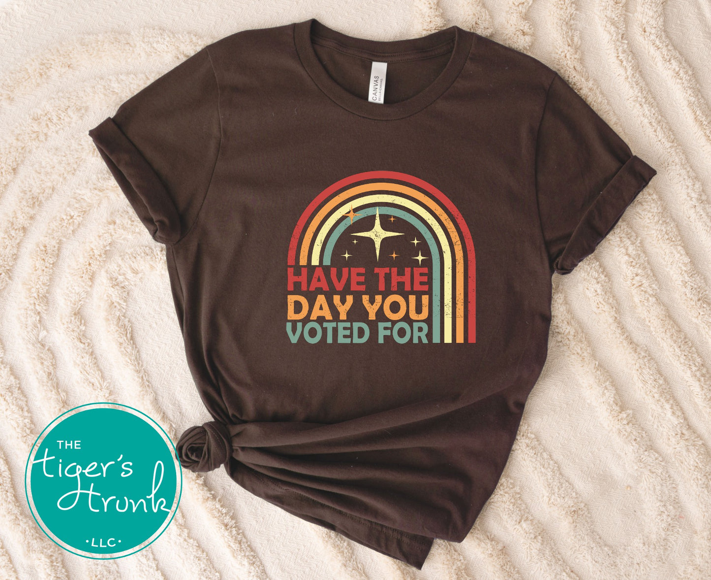 Political statement t-shirt with Have the Day You Voted For message, subtle activist apparel