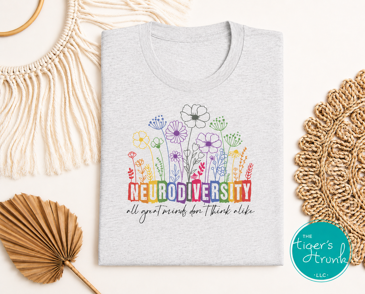 Heather gray neurodiversity graphic tee with rainbow flowers and inclusion quote