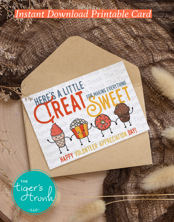 Volunteer Appreciation Week Card | Here's a Little Treat For Making Everything Sweet | Instant Download | Printable Card