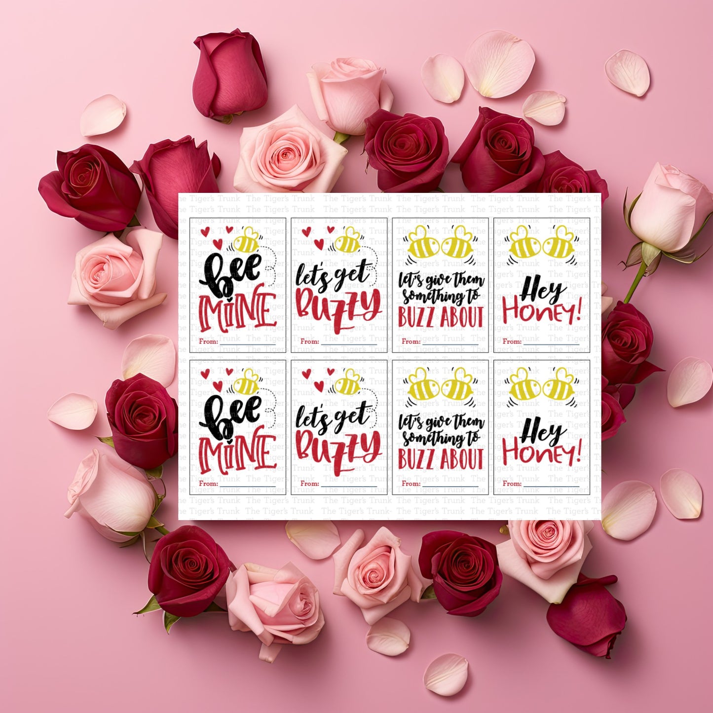 Valentine’s cards with a honey bee theme and playful messages like "Bee Mine" and "Let’s Get Buzzy."