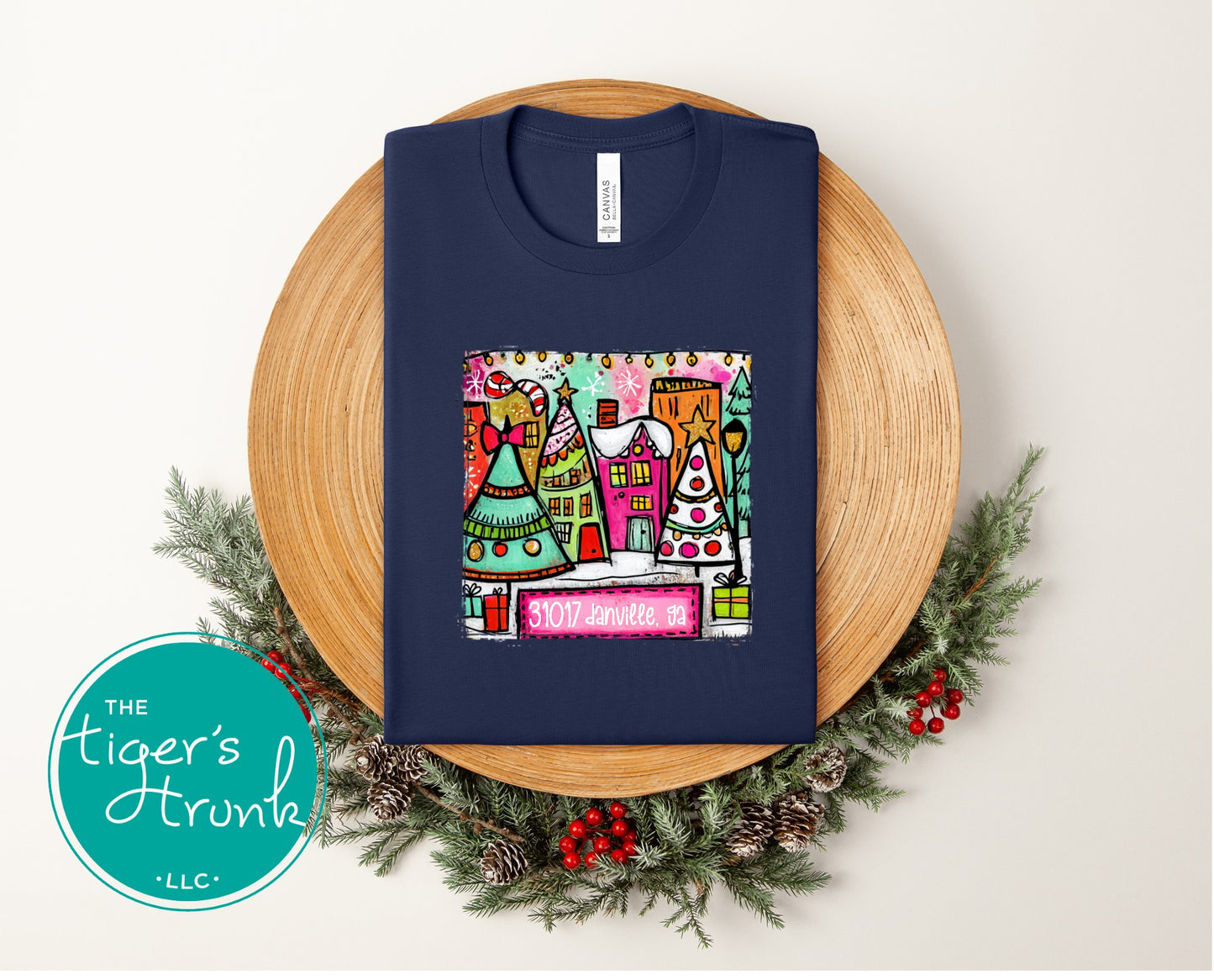 Navy Christmas town shirt with colorful holiday village and personalized ZIP code 31017 Danville GA