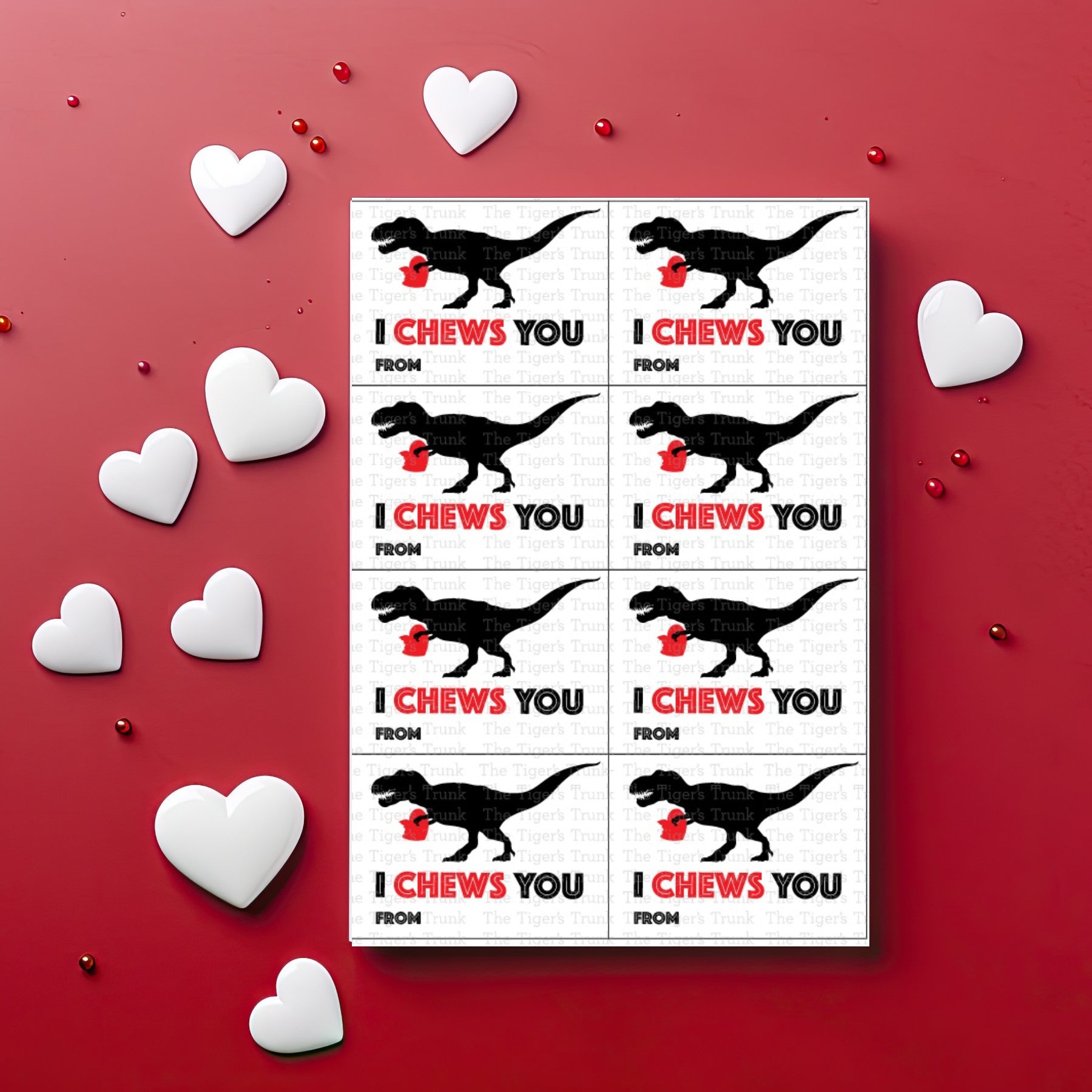 Digital Valentine’s cards featuring "I Chews You" with a dinosaur silhouette holding a bitten heart, perfect for kids, instant download.