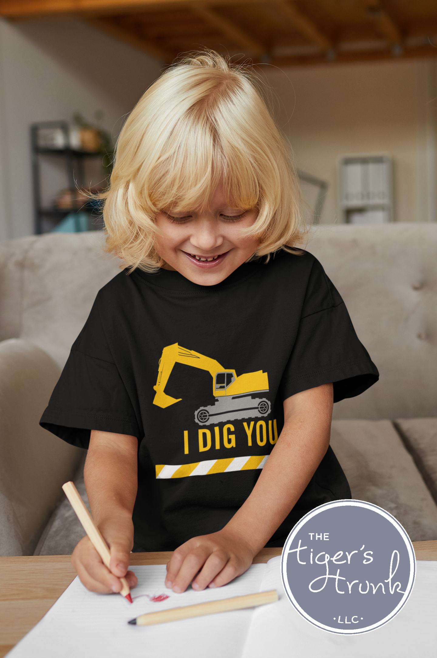 Construction-themed Valentine’s Day shirt with the phrase "I Dig You," featuring cute excavator and heart designs for kids.