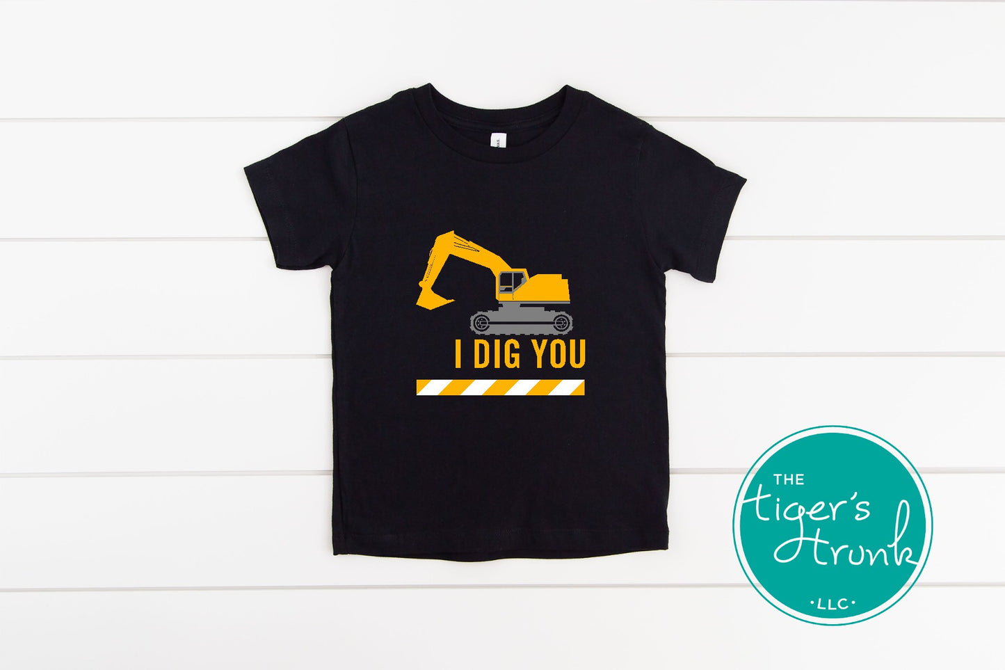 Construction-themed Valentine’s Day shirt with the phrase "I Dig You," featuring cute excavator and heart designs for kids.