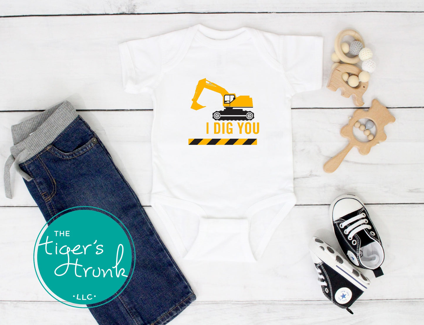 Construction-themed Valentine’s Day shirt with the phrase "I Dig You," featuring cute excavator and heart designs for kids.