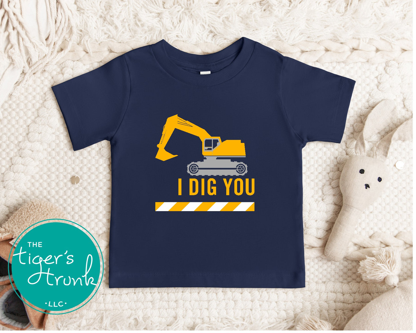 Construction-themed Valentine’s Day shirt with the phrase "I Dig You," featuring cute excavator and heart designs for kids.