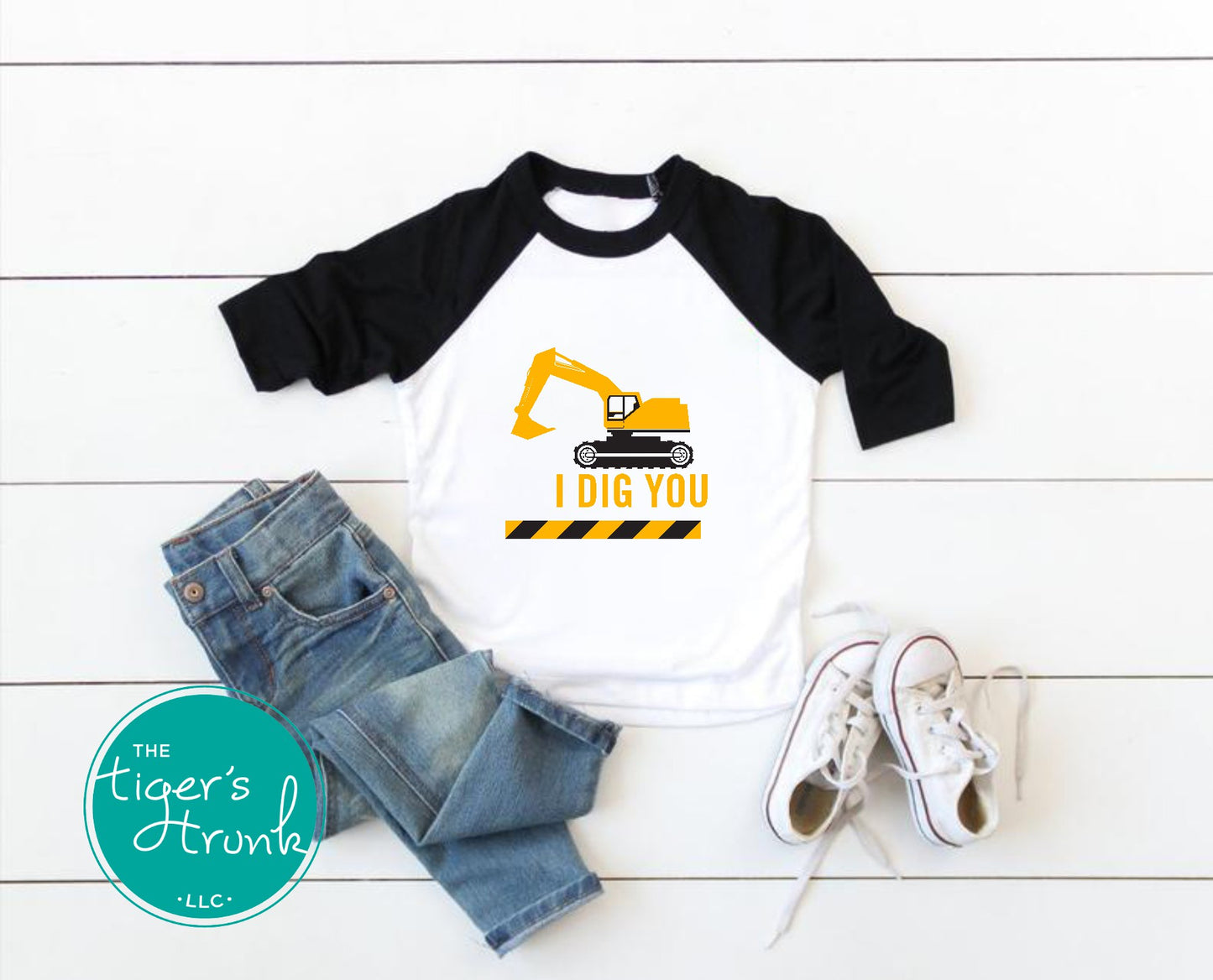 Construction-themed Valentine’s Day shirt with the phrase "I Dig You," featuring cute excavator and heart designs for kids.