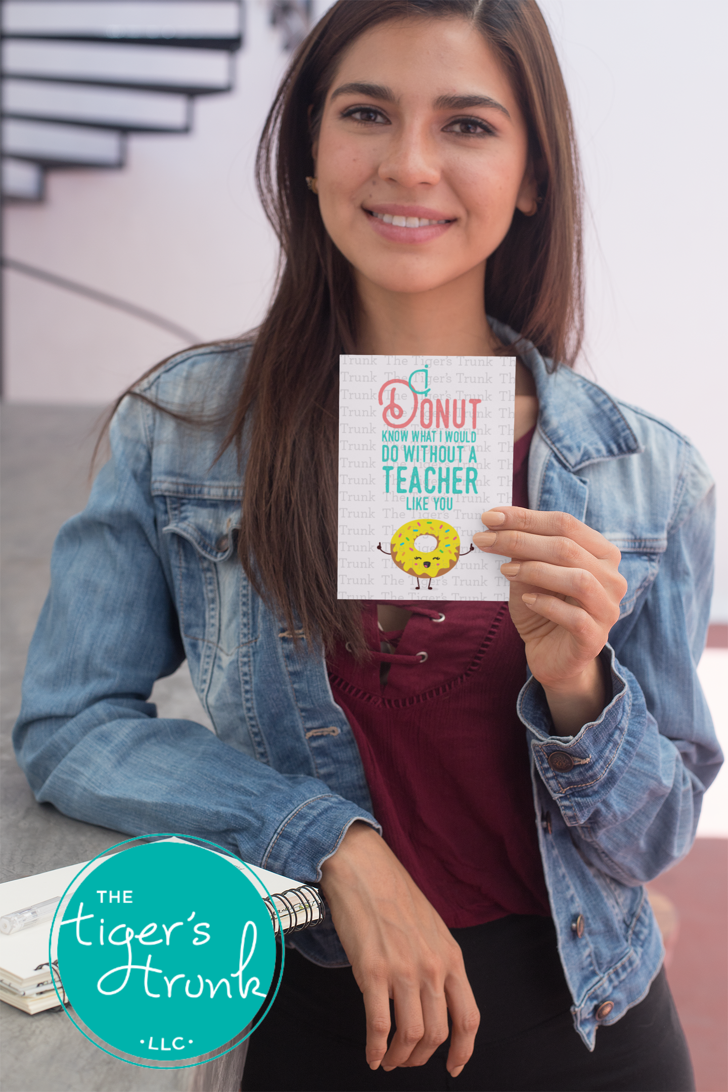 Printable donut-themed teacher card with the message "I Donut Know What I Would Do Without a Teacher Like You," instant download