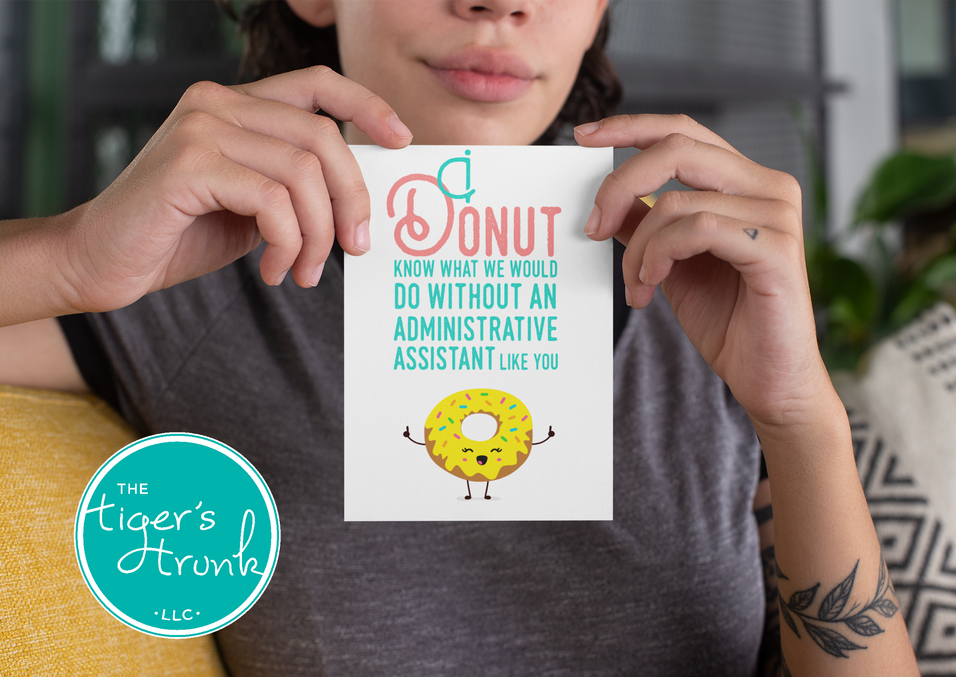 Printable Administrative Assistant Appreciation card with a donut theme and a fun thank-you message, available as an instant digital download.