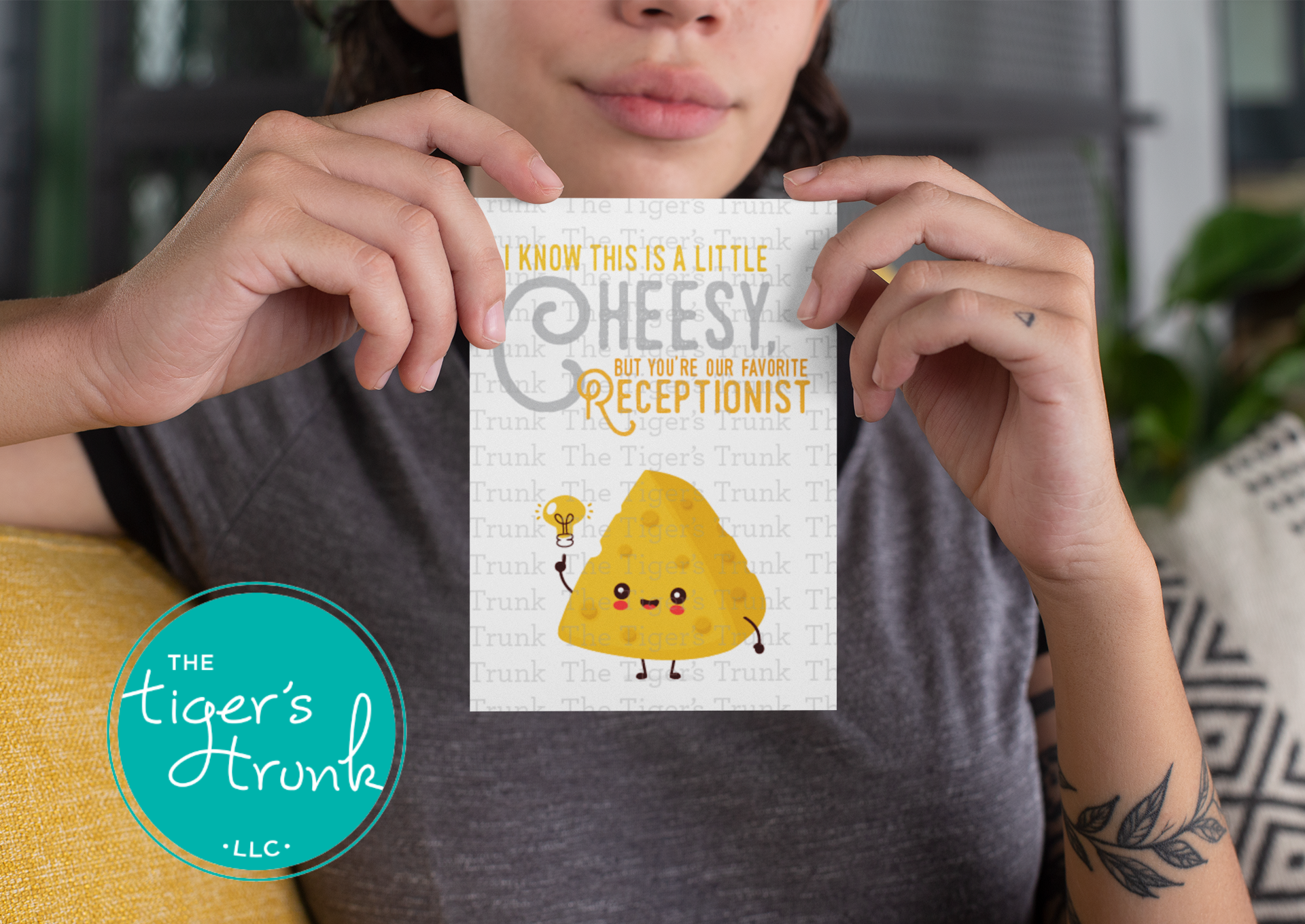 Printable card with cheese theme and message "I Know This Card Is a Little Cheesy, But You're Our Favorite Receptionist," instant download