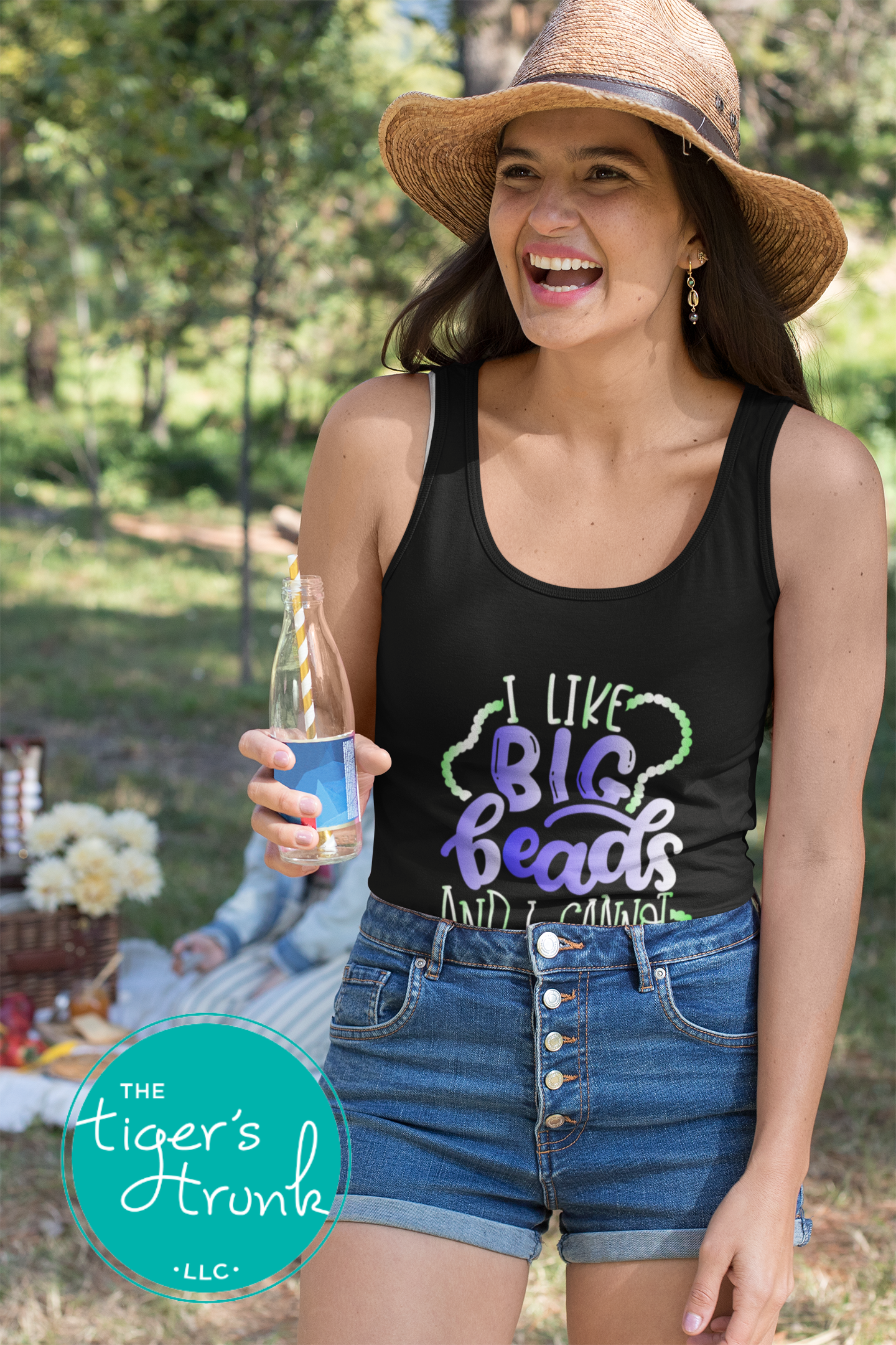 Funny Mardi Gras shirt reading "I Like Big Beads and I Cannot Lie" with a watercolor ombre design in purple, green, and gold.