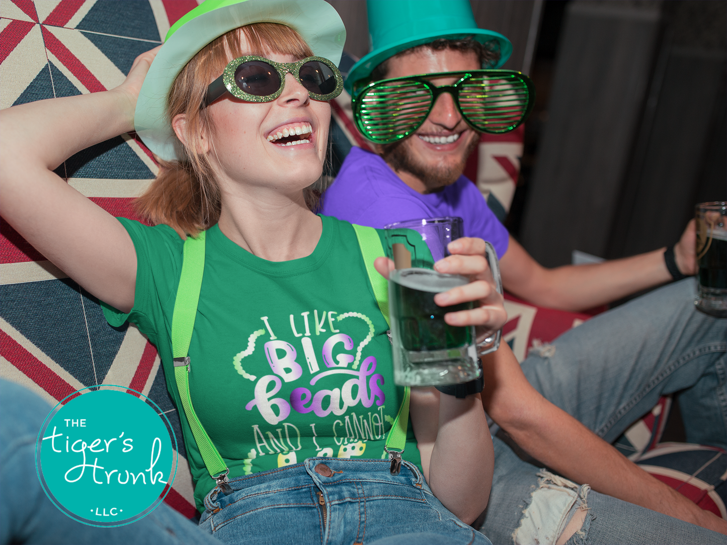 Funny Mardi Gras shirt reading "I Like Big Beads and I Cannot Lie" with a watercolor ombre design in purple, green, and gold.