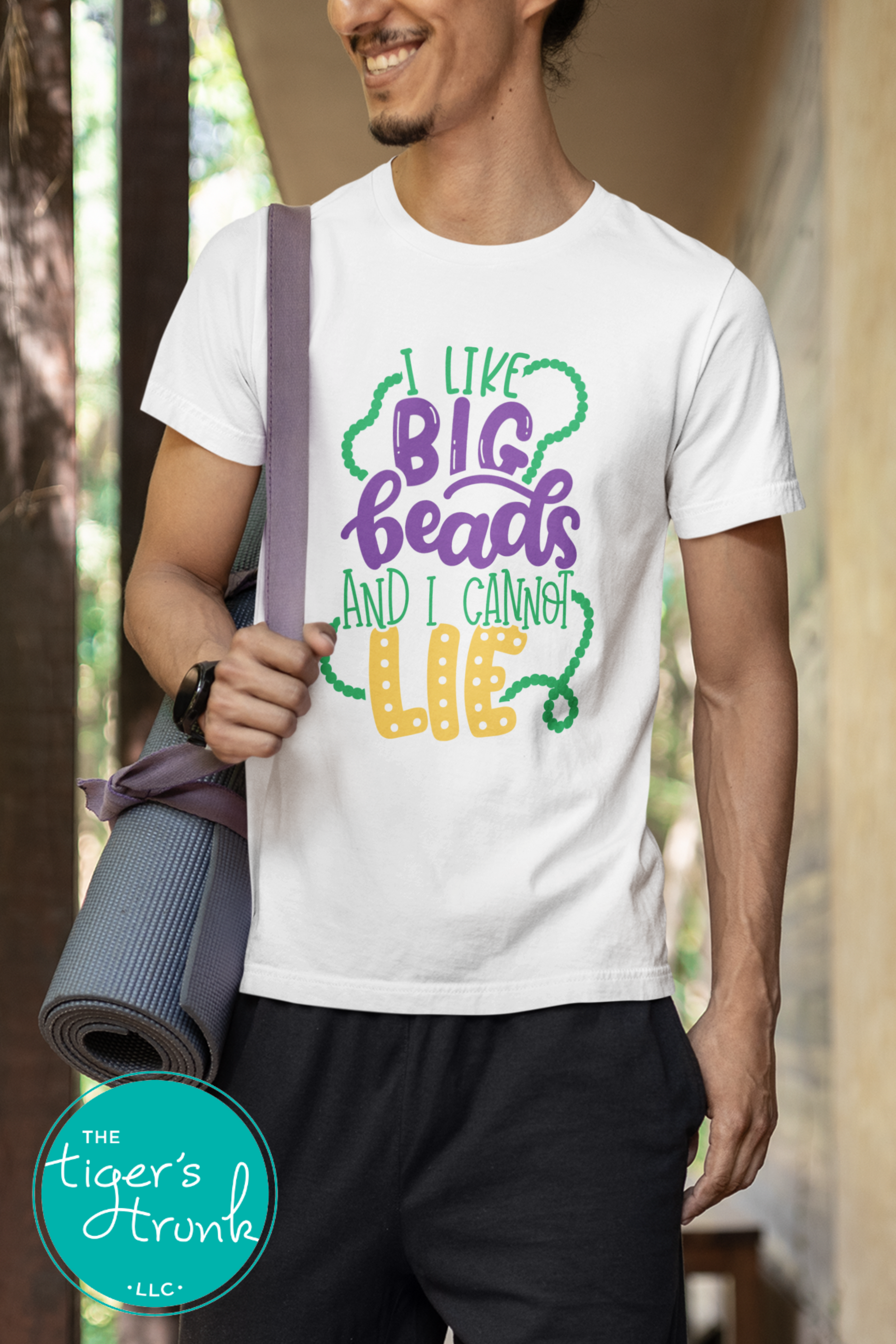 Funny Mardi Gras shirt reading "I Like Big Beads and I Cannot Lie" with a watercolor ombre design in purple, green, and gold.