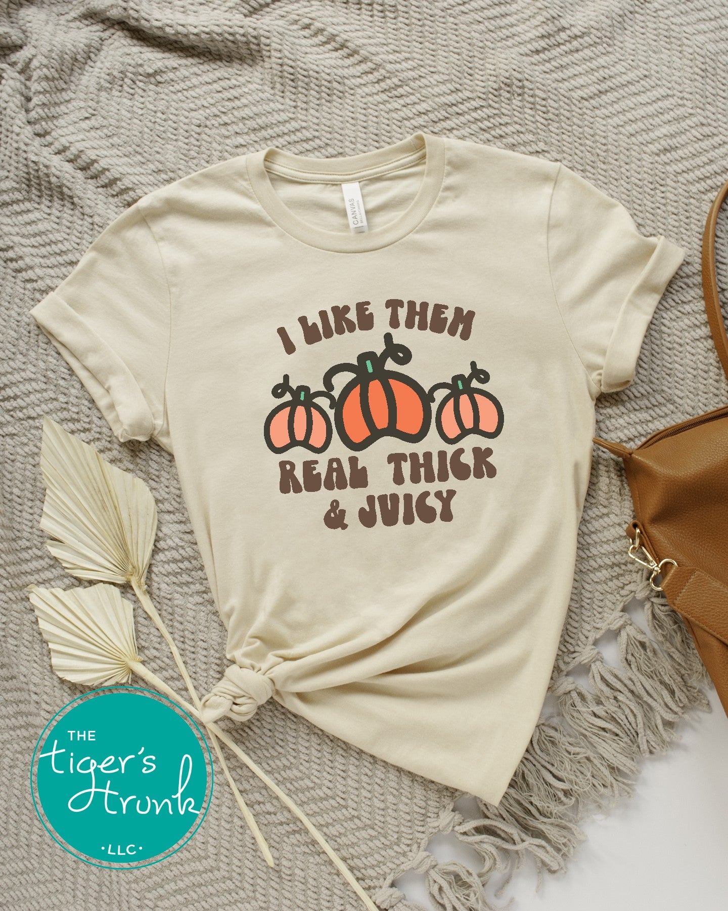 Funny pumpkin fall shirt with “I Like Them Real Thick & Juicy” design, shown in cream.