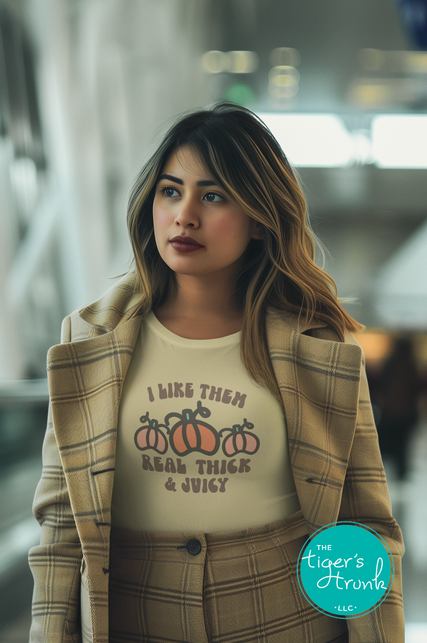 Funny pumpkin fall shirt with “I Like Them Real Thick & Juicy” design, shown in cream.