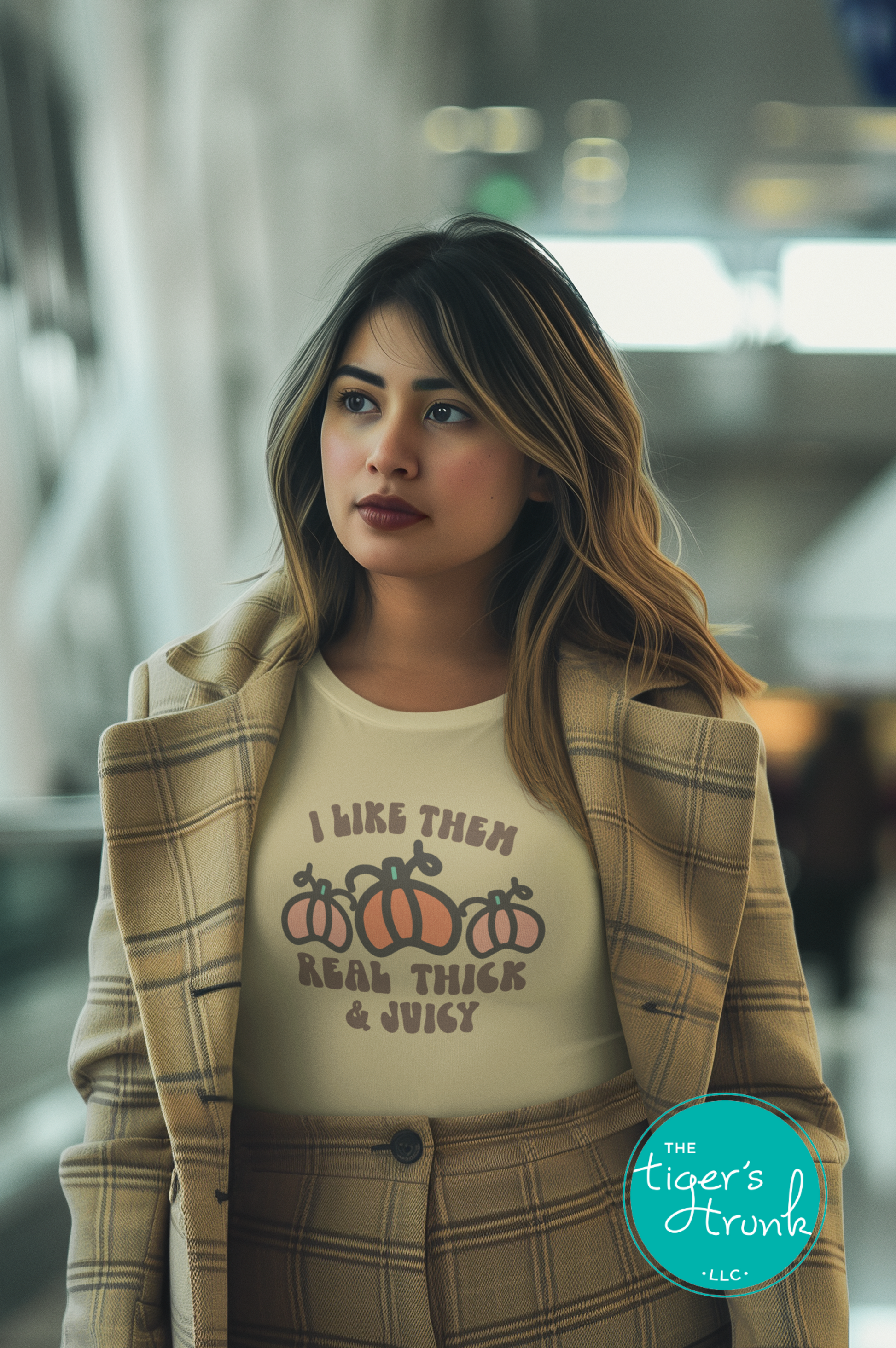 Funny pumpkin fall shirt with “I Like Them Real Thick & Juicy” design, shown in cream.