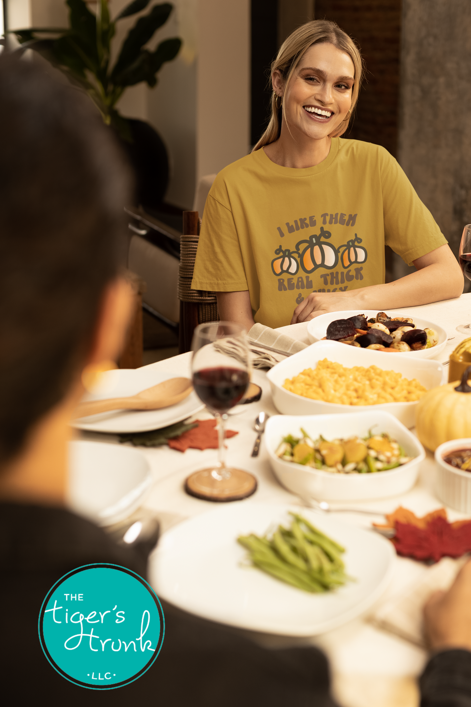 Funny pumpkin fall shirt with “I Like Them Real Thick & Juicy” design, shown in mustard.