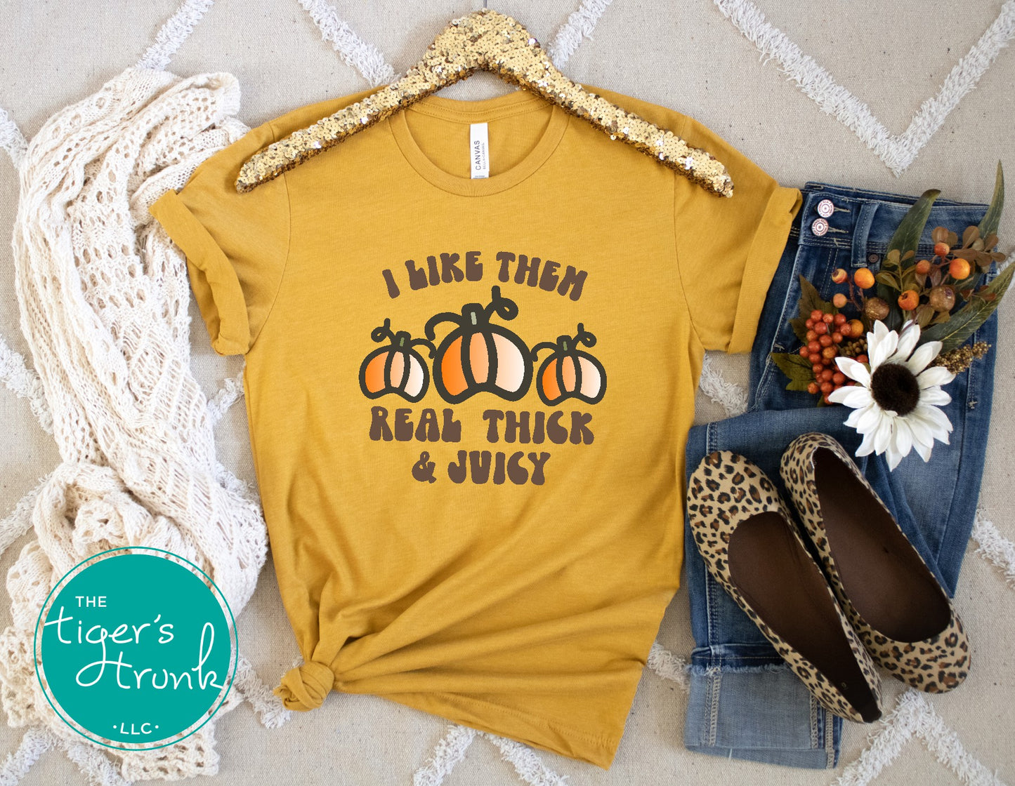 Funny pumpkin fall shirt with “I Like Them Real Thick & Juicy” design, shown in mustard.
