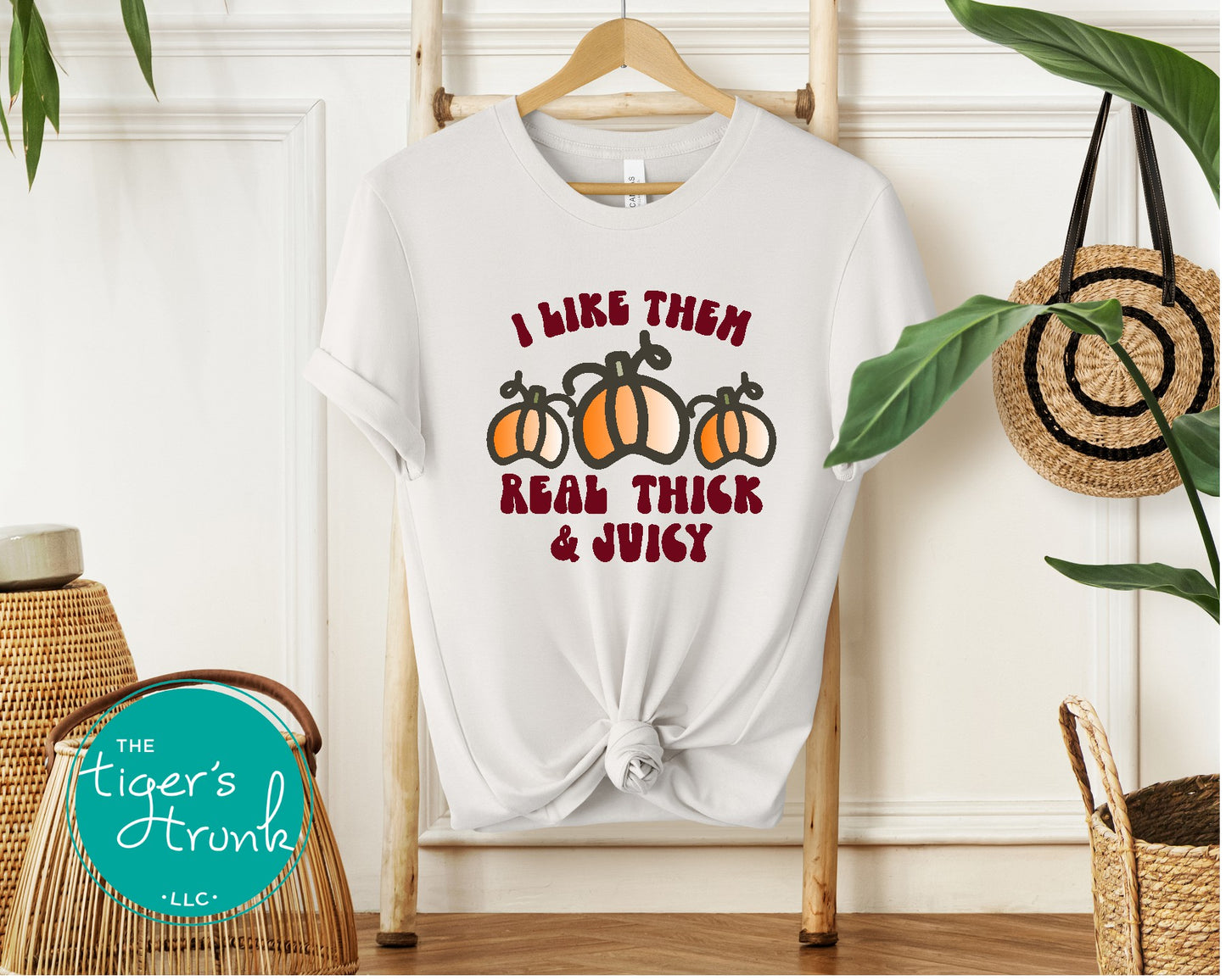 Funny pumpkin fall shirt with “I Like Them Real Thick & Juicy” design, shown in white.