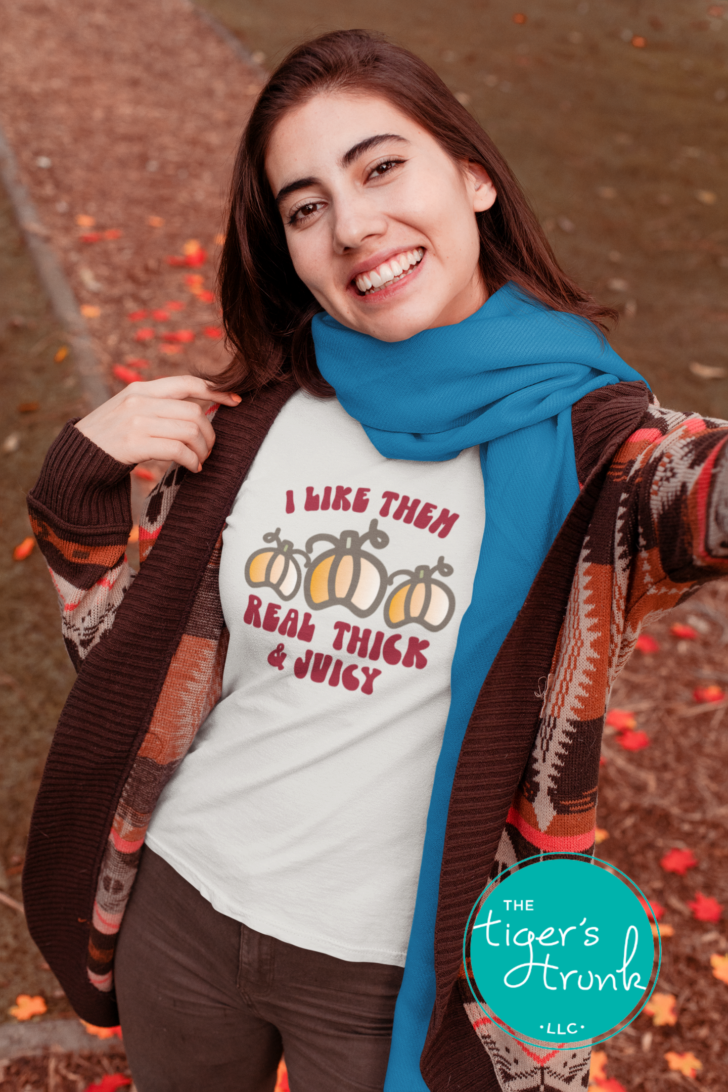 Funny pumpkin fall shirt with “I Like Them Real Thick & Juicy” design, shown in white.