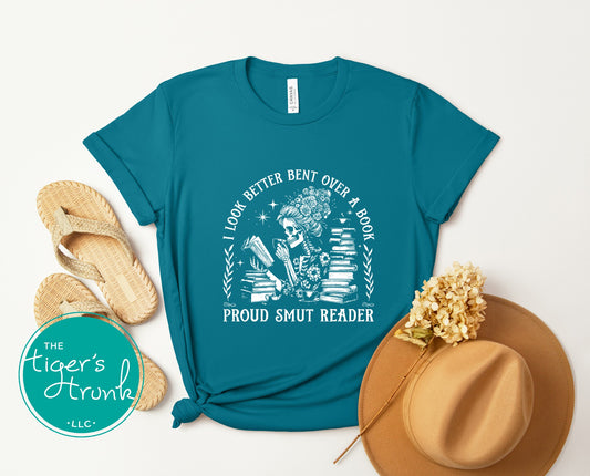 I Look Better Bent Over a Book shirt with proud smut reader graphic, funny romance book lover tee in long sleeve or short sleeve styles