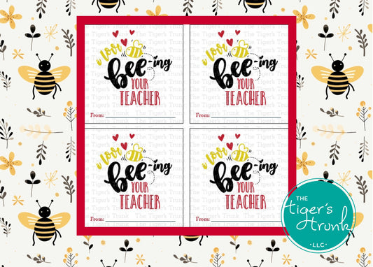 Valentine’s cards with a honey bee theme featuring "I Love Bee’ing Your Teacher," perfect for students.