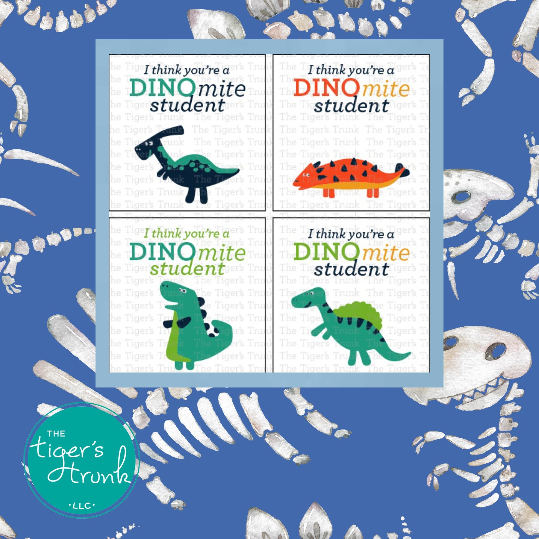 Printable Valentine tags with colorful dinosaur designs and the phrase "Valentine, I Think You’re DINOmite!" Perfect for kids, instant download.