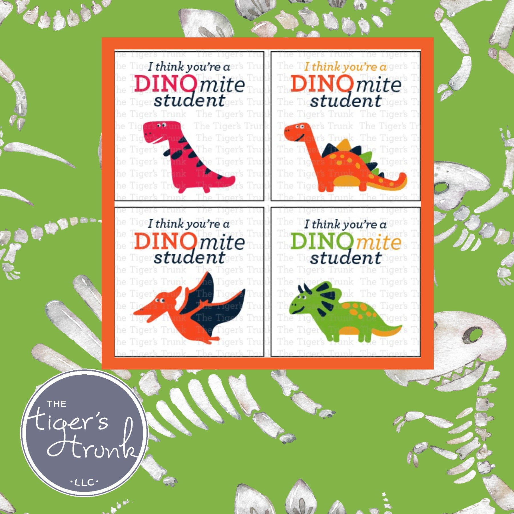 Printable Valentine tags with colorful dinosaur designs and the phrase "Valentine, I Think You’re DINOmite!" Perfect for kids, instant download.
