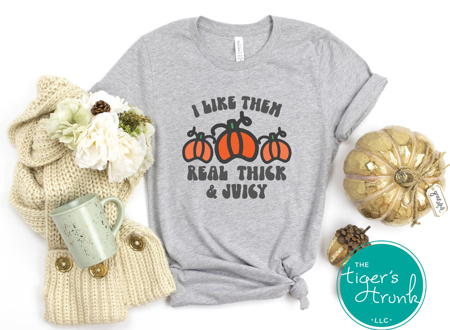 Funny pumpkin fall shirt with “I Like Them Real Thick & Juicy” design, shown heather athletic.
