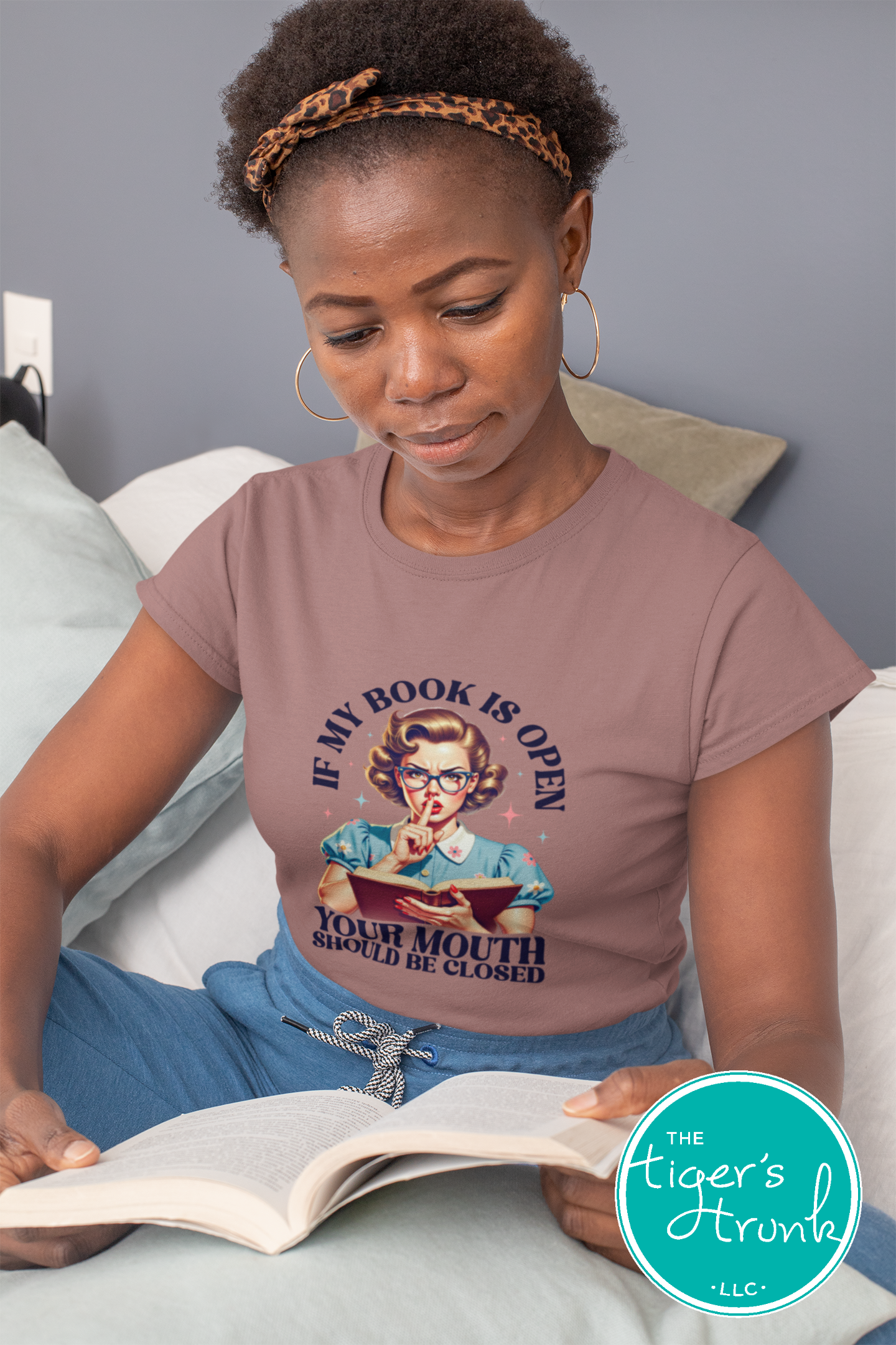 T-shirt with the phrase "If My Book Is Open Your Mouth Should Be Closed," funny sarcastic reader tee for introverts and book lovers