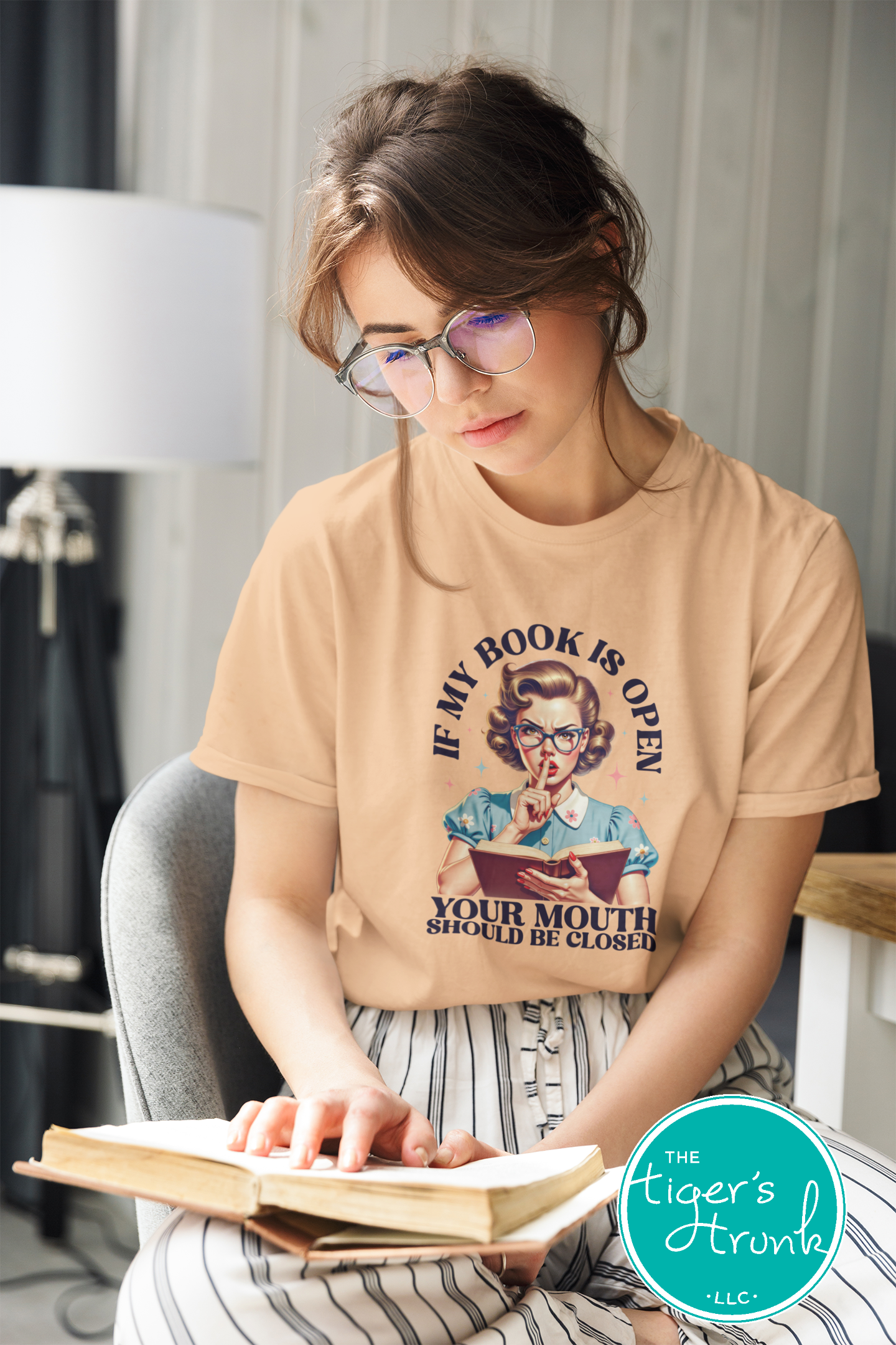 T-shirt with the phrase "If My Book Is Open Your Mouth Should Be Closed," funny sarcastic reader tee for introverts and book lovers