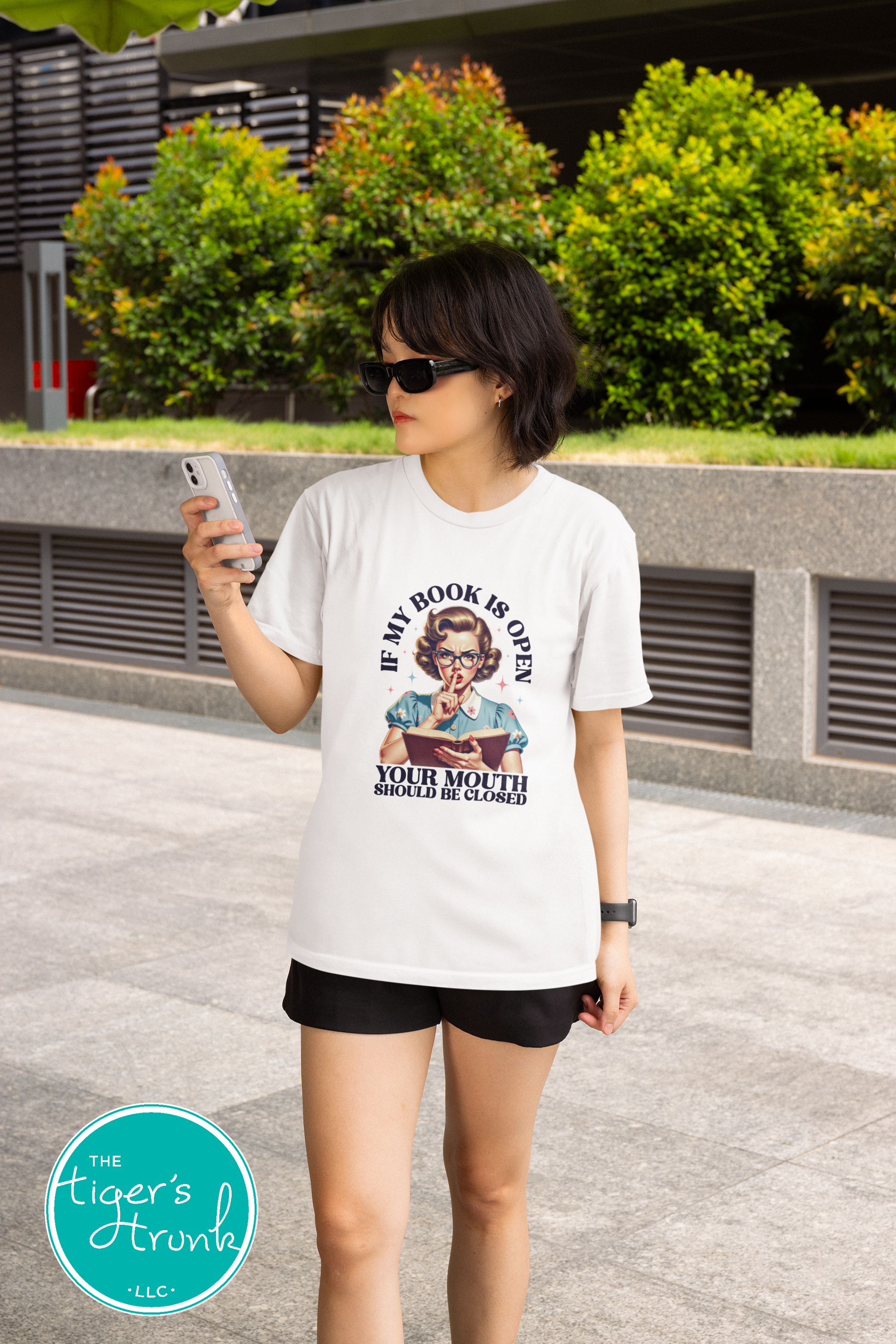 T-shirt with the phrase "If My Book Is Open Your Mouth Should Be Closed," funny sarcastic reader tee for introverts and book lovers