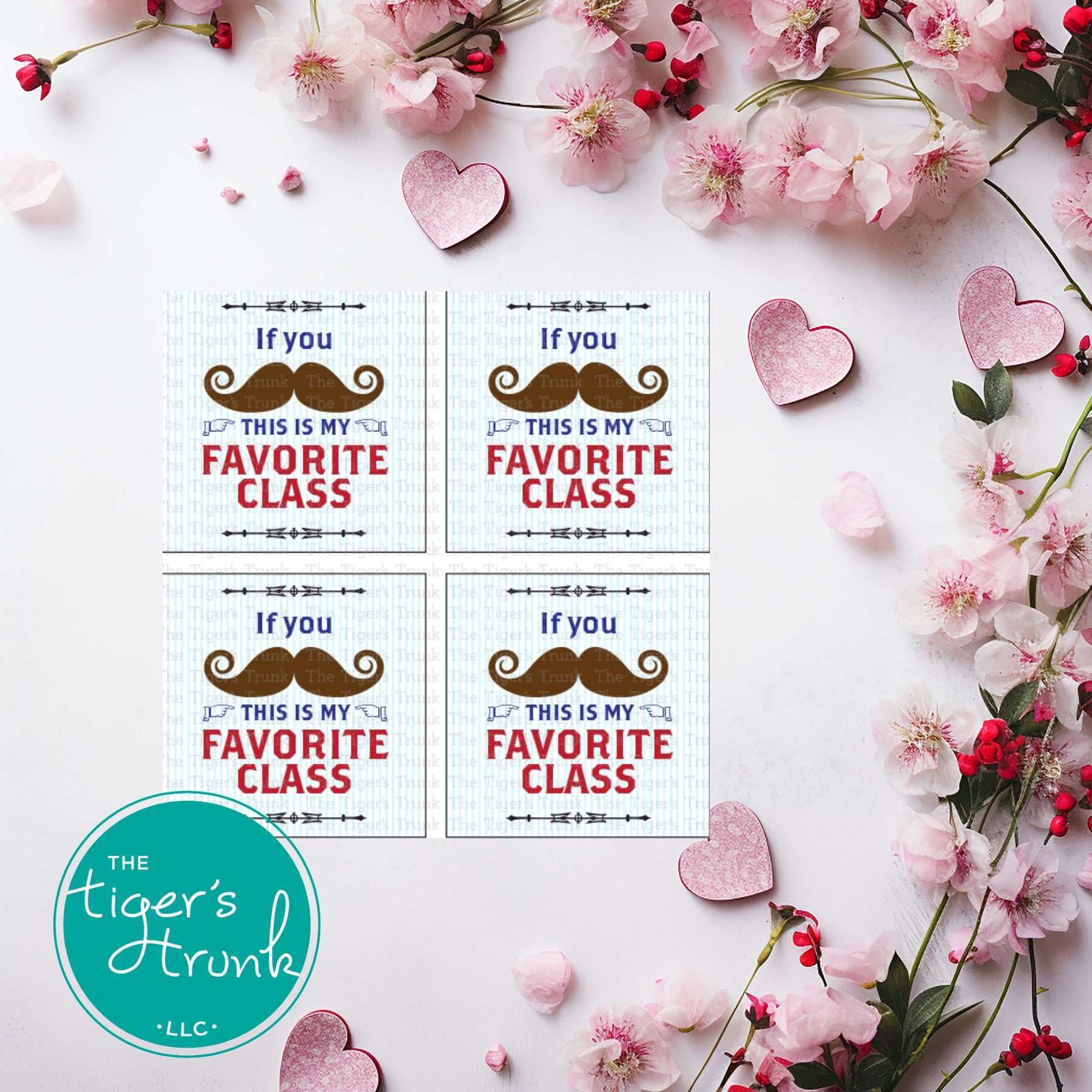 Printable teacher Valentine cards with a mustache pun, instant download classroom Valentine gifts for students and school appreciation.