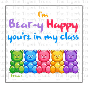 Printable back-to-school cards with a bear theme featuring "I'm Beary Happy You're in My Class," perfect for welcoming students