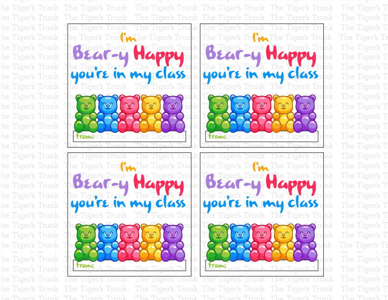 Printable back-to-school cards with a bear theme featuring "I'm Beary Happy You're in My Class," perfect for welcoming students