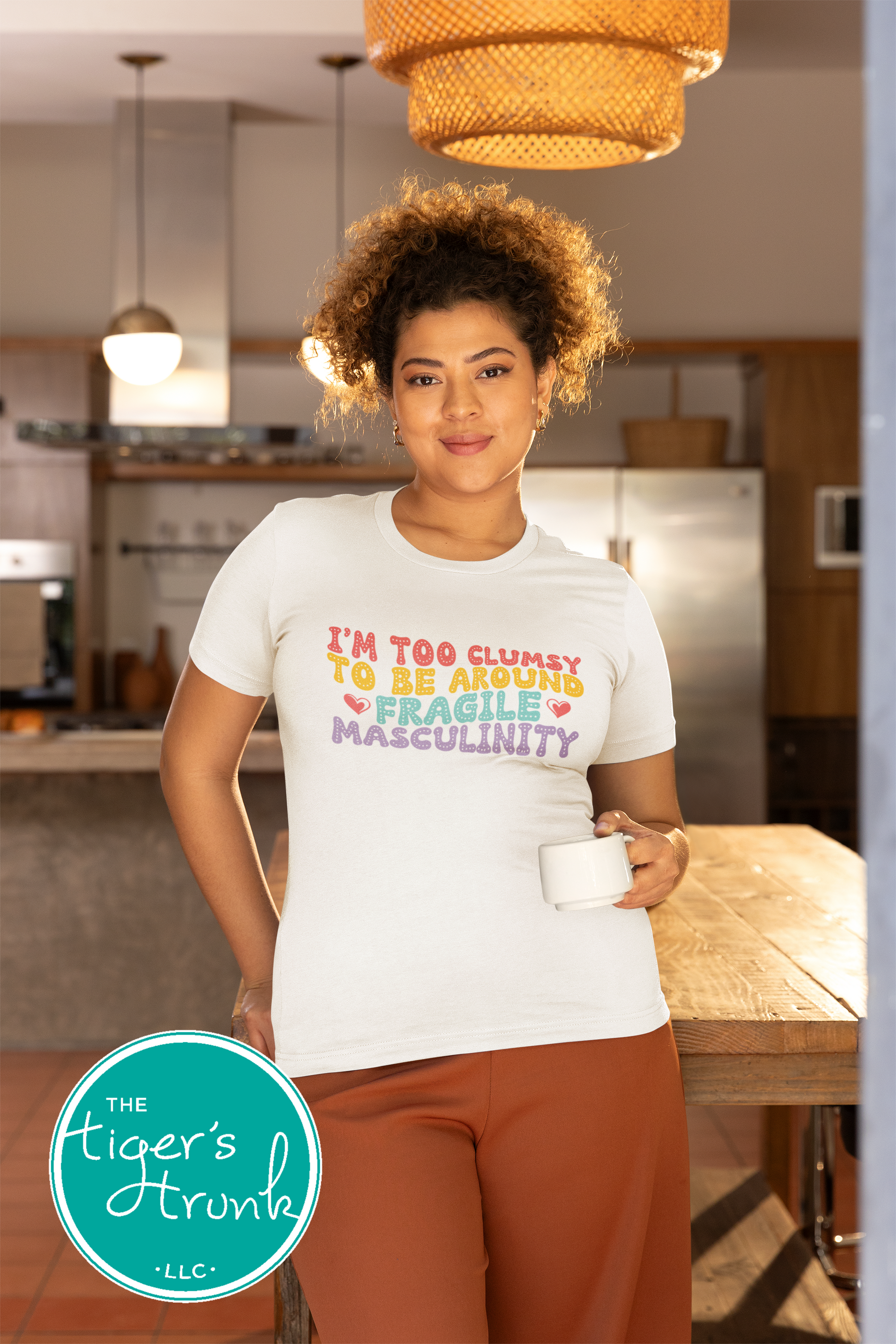 Funny feminist t-shirt with I’m Too Clumsy to Be Around Fragile Masculinity message, bold social commentary apparel